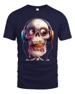 Funny Skull Headphones Graphic T Shirt With Melting Ice Cream Style - navy t-shirt on white background