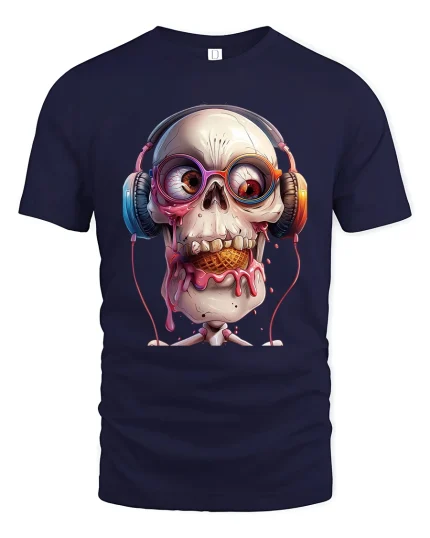 Funny Skull Headphones Graphic T Shirt With Melting Ice Cream Style - navy t-shirt on white background