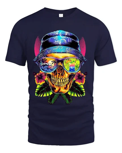 Tropical Skull Graphic Tee With Bucket Hat Sunglasses And Beach Art - navy t-shirt on white background