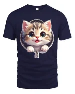 Cute Zipper Kitten Graphic Tee With Big Eyes And Playful Smile - navy t-shirt on white background