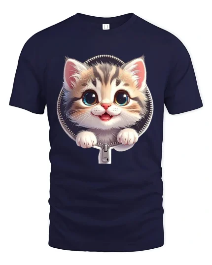 Cute Zipper Kitten Graphic Tee With Big Eyes And Playful Smile - navy t-shirt on white background