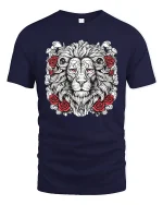 Majestic Lion Rose Tattoo Style Art T Shirt Powerful Graphic Tee - navy t-shirt on white background