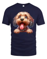 Cute Fluffy Doodle Dog Graphic Tee With Happy Tongue Out Smile - navy t-shirt on white background