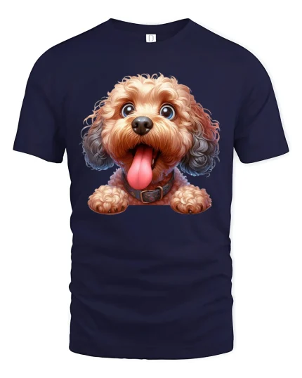 Cute Fluffy Doodle Dog Graphic Tee With Happy Tongue Out Smile - navy t-shirt on white background