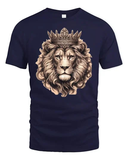 Majestic Crowned Lion King Graphic Tee With Royal Power Style - navy t-shirt on white background