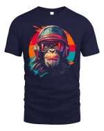 Retro Helmet Chimp Graphic Tee With Bold Street Art Attitude - navy t-shirt on white background