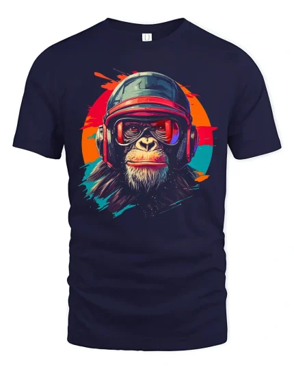 Retro Helmet Chimp Graphic Tee With Bold Street Art Attitude - navy t-shirt on white background