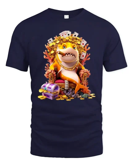 Rich Shark Boss Graphic Tee With Gold Coins Poker Style - navy t-shirt on white background