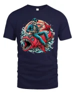 Skeleton Fishing Giant Fish Action Art T Shirt Bold Graphic Tee - navy t-shirt on white background