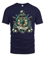 Vintage Pirate Ship Wheel Anchor Emblem Nautical Graphic T Shirt - navy t-shirt on white background