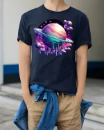Cosmic Melting Planet Galaxy Art T Shirt Colorful Space Graphic Tee - model wearing navy tee with hands in pockets