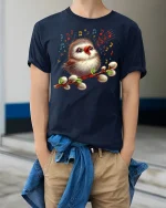 Singing Bird Music Art Graphic T Shirt With Joyful Nature Vibes - model wearing navy tee with hands in pockets
