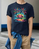 Tropical Palm Sunset Graphic T Shirt With Colorful Island Vibes - model wearing navy tee with hands in pockets