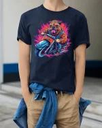 Biker Bulldog Graphic T Shirt With Bold Street Racing Attitude - model wearing navy tee with hands in pockets