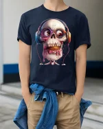 Funny Skull Headphones Graphic T Shirt With Melting Ice Cream Style - model wearing navy tee with hands in pockets
