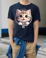 Cute Zipper Kitten Graphic Tee With Big Eyes And Playful Smile - model wearing navy tee with hands in pockets
