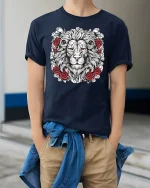 Majestic Lion Rose Tattoo Style Art T Shirt Powerful Graphic Tee - model wearing navy tee with hands in pockets