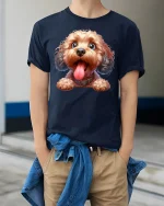 Cute Fluffy Doodle Dog Graphic Tee With Happy Tongue Out Smile - model wearing navy tee with hands in pockets