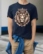 Majestic Crowned Lion King Graphic Tee With Royal Power Style - model wearing navy tee with hands in pockets