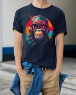 Retro Helmet Chimp Graphic Tee With Bold Street Art Attitude - model wearing navy tee with hands in pockets