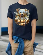 Dont Cry Money Bear Street Art Graphic T Shirt With Bold Attitude - model wearing navy tee with hands in pockets
