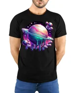 Cosmic Melting Planet Galaxy Art T Shirt Colorful Space Graphic Tee - model wearing black tee with hands behind back
