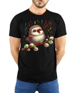 Singing Bird Music Art Graphic T Shirt With Joyful Nature Vibes - model wearing black tee with hands behind back
