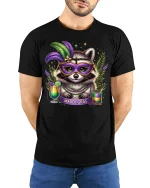Mardi Gras Raccoon Mask Graphic T Shirt With Festive Party Spirit - model wearing black tee with hands behind back
