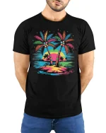 Tropical Palm Sunset Graphic T Shirt With Colorful Island Vibes - model wearing black tee with hands behind back