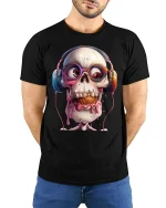 Funny Skull Headphones Graphic T Shirt With Melting Ice Cream Style - model wearing black tee with hands behind back