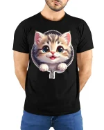 Cute Zipper Kitten Graphic Tee With Big Eyes And Playful Smile - model wearing black tee with hands behind back