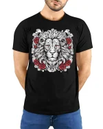 Majestic Lion Rose Tattoo Style Art T Shirt Powerful Graphic Tee - model wearing black tee with hands behind back