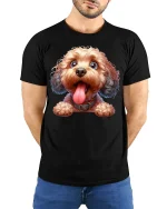 Cute Fluffy Doodle Dog Graphic Tee With Happy Tongue Out Smile - model wearing black tee with hands behind back