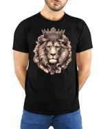 Majestic Crowned Lion King Graphic Tee With Royal Power Style - model wearing black tee with hands behind back