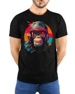 Retro Helmet Chimp Graphic Tee With Bold Street Art Attitude - model wearing black tee with hands behind back