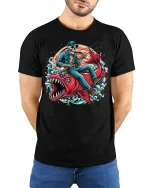 Skeleton Fishing Giant Fish Action Art T Shirt Bold Graphic Tee - model wearing black tee with hands behind back