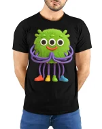 Cute Green Alien Monster Cartoon Art T Shirt Funny Graphic Tee - model wearing black tee with hands behind back