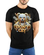 Dont Cry Money Bear Street Art Graphic T Shirt With Bold Attitude - model wearing black tee with hands behind back
