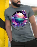 Cosmic Melting Planet Galaxy Art T Shirt Colorful Space Graphic Tee - model wearing grey tee, leaning on column