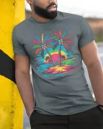 Tropical Palm Sunset Graphic T Shirt With Colorful Island Vibes - model wearing grey tee, leaning on column