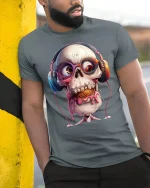 Funny Skull Headphones Graphic T Shirt With Melting Ice Cream Style - model wearing grey tee, leaning on column