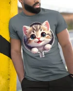 Cute Zipper Kitten Graphic Tee With Big Eyes And Playful Smile - model wearing grey tee, leaning on column