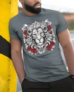 Majestic Lion Rose Tattoo Style Art T Shirt Powerful Graphic Tee - model wearing grey tee, leaning on column