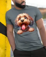 Cute Fluffy Doodle Dog Graphic Tee With Happy Tongue Out Smile - model wearing grey tee, leaning on column