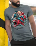 Skeleton Fishing Giant Fish Action Art T Shirt Bold Graphic Tee - model wearing grey tee, leaning on column