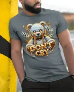 Dont Cry Money Bear Street Art Graphic T Shirt With Bold Attitude - model wearing grey tee, leaning on column