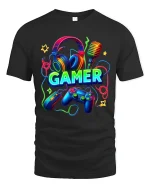 Neon Gamer Headset Controller Graphic Tee Colorful Gaming Tshirt - black t-shirt on white background