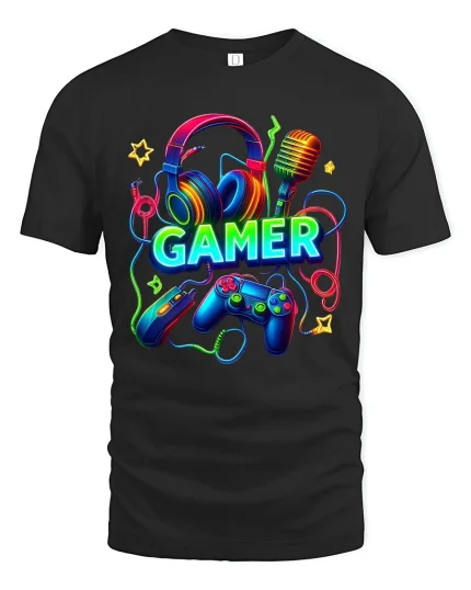 Neon Gamer Headset Controller Graphic Tee Colorful Gaming Tshirt - black t-shirt on white background