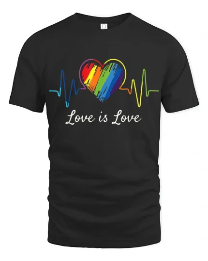 Love Is Love Rainbow Heart Pulse Graphic Tee Pride Message Tshirt - black t-shirt on white background