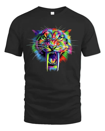 Colorful Roaring Tiger Art Graphic Tee Bold Neon Animal Tshirt - black t-shirt on white background